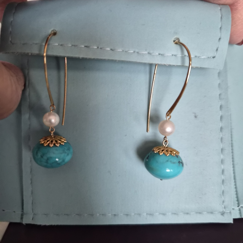 Ross-Simons 14K Gold and Turquoise Earrings with Freshwater Pearl Accent
